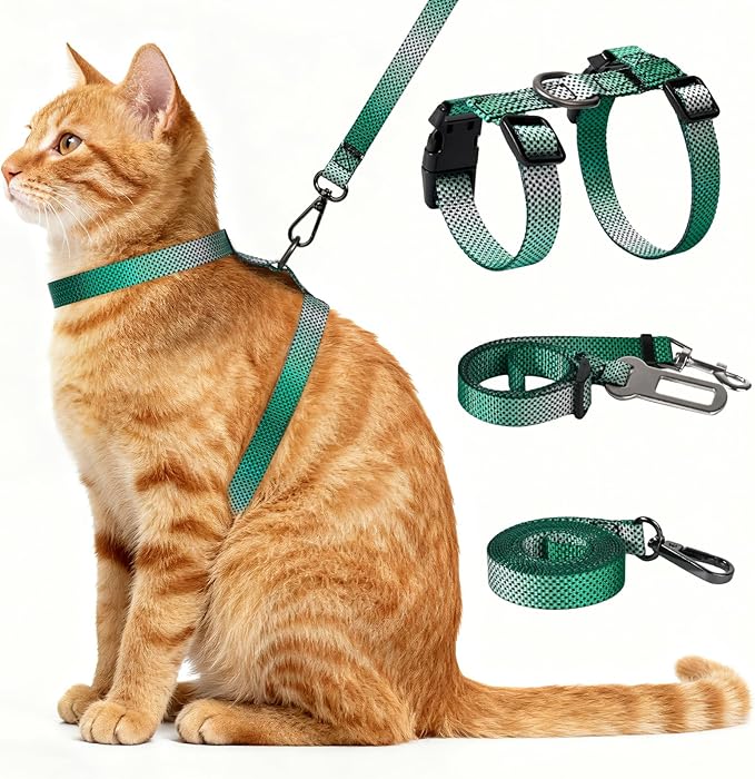 Cat Harness and Leash Set, 3-in-1 Escape Proof Adjustable, Comfortable Soft Lightweight, Safe, Easy to Wear, Walking Travel Kitten Harness for Small Medium Large Cats (Light Green)