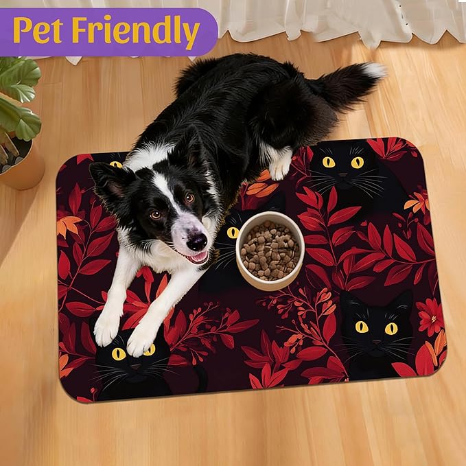 Black Cat Forest Pet Feeding Mat, Fast-Dry Absorbent Dog and Cat Bowl Mat, Waterproof Non-Slip Base for Messy Eaters, Indoor Pet Accessories – 12x20 Inch