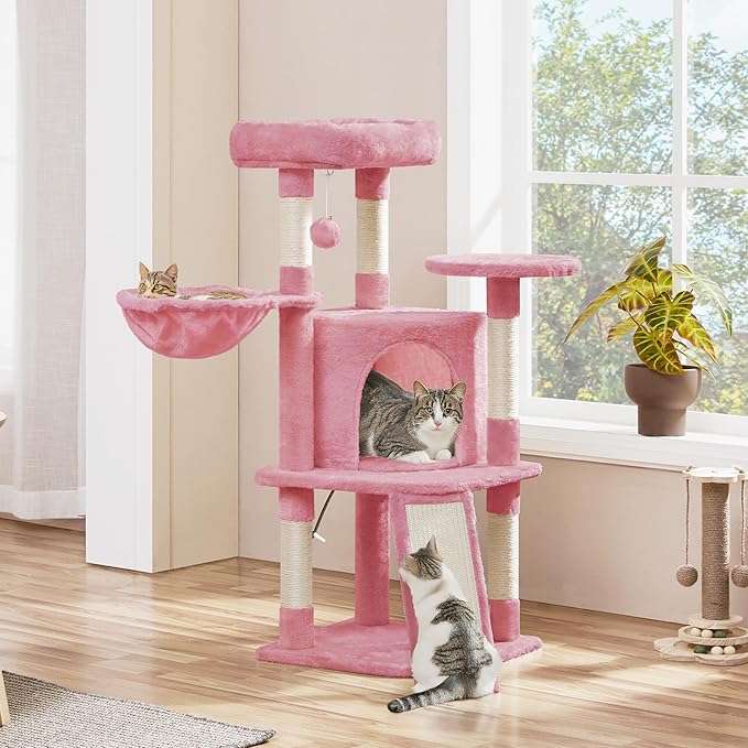Yaheetech Cat Tree, 42in Play Tower for Indoor Cats, Kitten House with Large Perch & Scratching Posts & Cozy Condo & Scratching Ramp, Cat Furniture Activity Center, Pink
