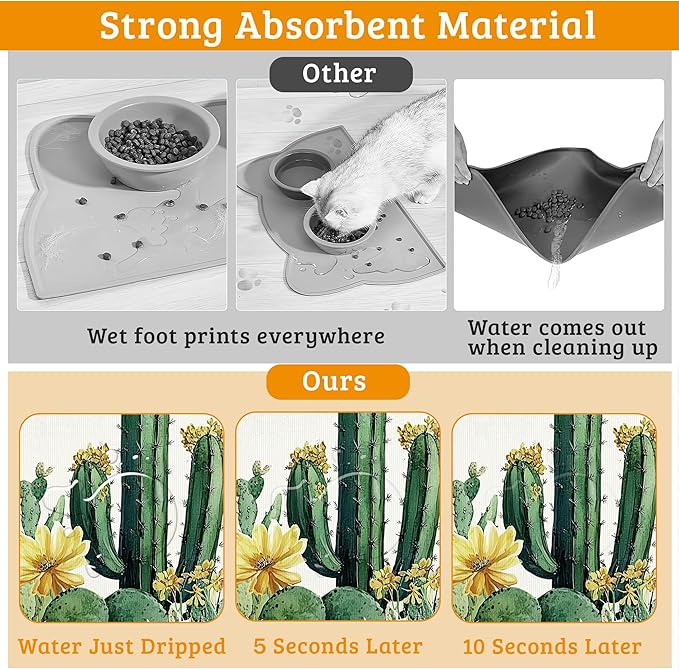 Tropical Cactuses Feeding Mat,Blooming Succulents Absorbent Quick-Dry Cat Dog Food and Water Bowl Mats,Non-Slip Rubber Backing Mat,Cat Dog Accessories Supplies 16" x 24"