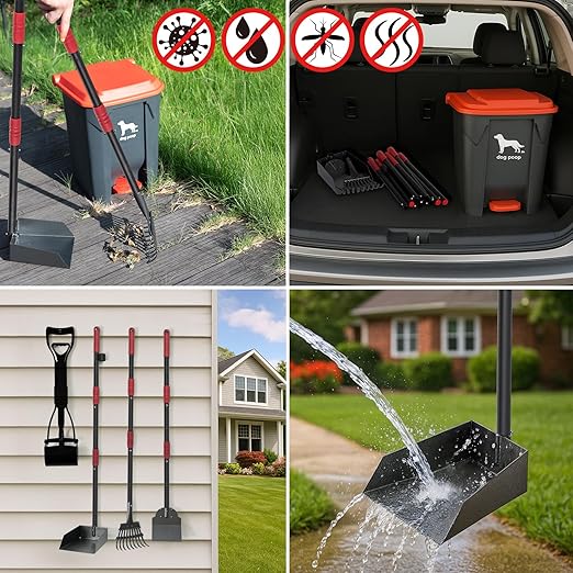 Dog Pooper Scooper, 7Pcs Set Poop Trash Can with Removable Inner Bucket, Long Handle Tray & Rake, 60 Waste Bags, Dog Waste Large Bin Waterproof for Outdoor, Backyard, Garden