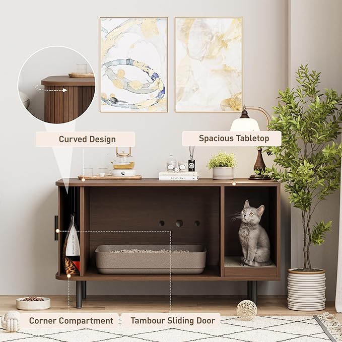 Cat Litter Box Enclosure with Cat Scratch Pad, Sliding Door, 37.4" Litter Box Enclosure Furniture Hidden Litter Box, Modern Indoor Cat House, TV Stand, Side End Table for Living Room, Walnut