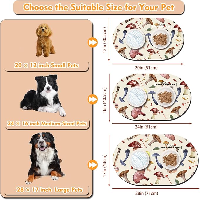 Dog Food Mat 20''x12'', Small Pet Feeding Mat, Non-Slip Rubber Pet Food Mat, Absorbent Cat Dog Water Bowl Mat for Messy Drinkers, Dogs Bowl Placemat for Food and Water, Mushroom