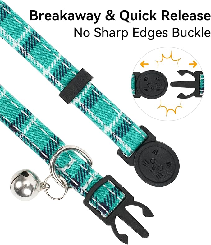 Joytale Upgraded Cat Collar with Bells, Breakaway Cat Collars with Bow Tie, 1 Pack Girl Boy Safety Plaid Kitten Collars, Teal