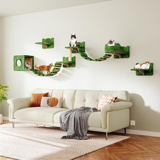 9-in-1 Cat Wall Shelves, Wall Mounted Cats Furniture Set with Plush Fabric, Cat Climbing Systems, Cats Shelf Furniture with Condos, House, Steps, Bridge Ladder, Scratching Post, Green