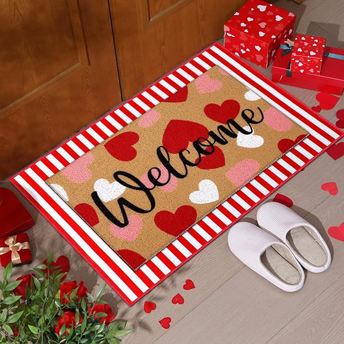 Tinideya 2 Pcs Valentine Door Mat Heart Welcome Outdoor Non Slip Coir Mats Red and White Stripe Floor Layering Doormats Seasonal for Front Porch Entryway Decor(Valentine Heart)