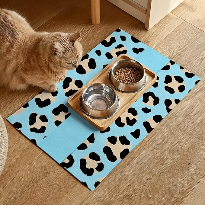 Puppy Feeding Mat 20x12 inch Blue Leopard Print Dog Bowl Placemat Non Slip Mat for Pet Food and Water Small Dog Feeding Area Indoor Puppy Food Station Pet Meal Mats for Kitchen Floor Use
