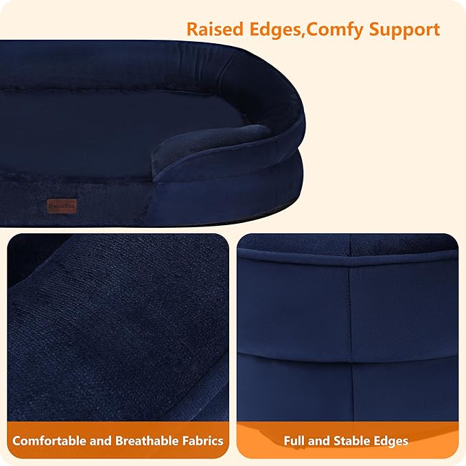 Dwanton Orthopedic Dog Bed for Large Dogs with Gel Memory Foam, Waterproof Dog Sofa, Washable Pet Bed with Four Sided Bolster Cushion, Removable Cover & Non-Slip Bottom, 42", Navy Blue