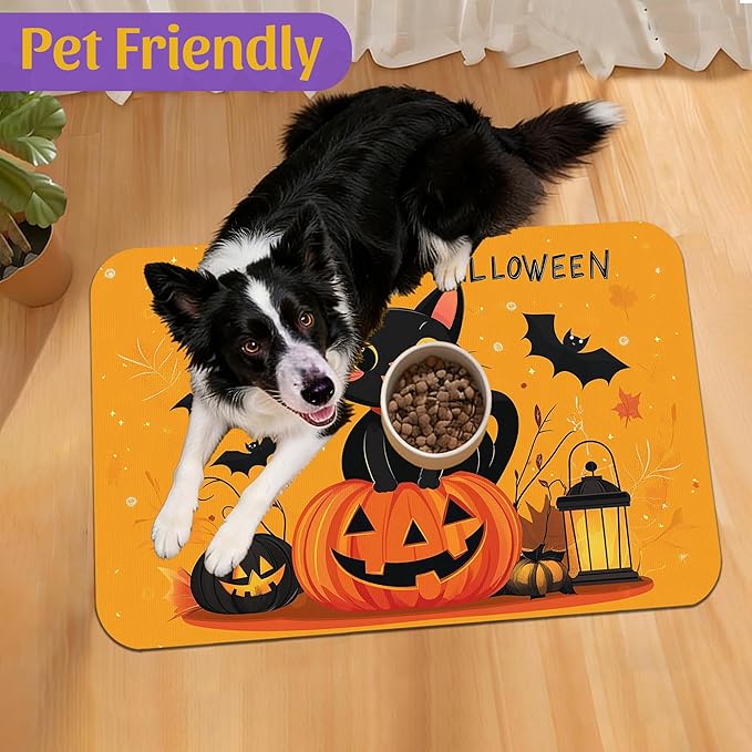Halloween Cat Pet Feeding Mat, Absorbent Dog Bowl Pad, Quick Dry with Anti-Skid Bottom, Indoor Pet Accessories – 12x20 Inch