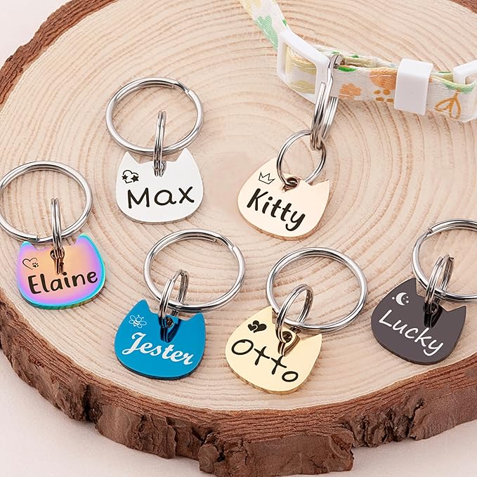 Anavia Small Size Dog Cat ID Tags, Small/XS Personalized Color Plated Stainless Steel Puppy Kitten Name Tags, Customized Engraved Nameplate Pet Collar Tag (Rose Gold, Cat Head)