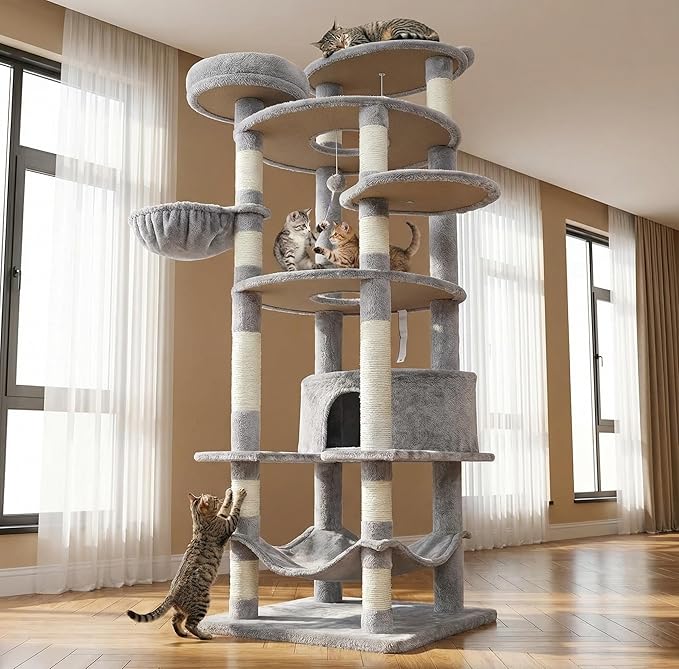 78.8" Large Cat Tree Tower for Indoor Kitties, Multi-Level Furniture Activity Center for Tall Cat Condo with Cozy Perches,Sisal Scratching Posts,Hammock and Basket (78.8 inch Light Gray)