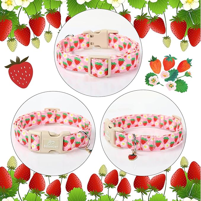 Cute Spring/Summer Dog Collar, Adjustable Pink Strawberry Dog Collars for Medium Dogs, Lightweight Quick-Release Buckle Collar for Boy&Girl Dogs M