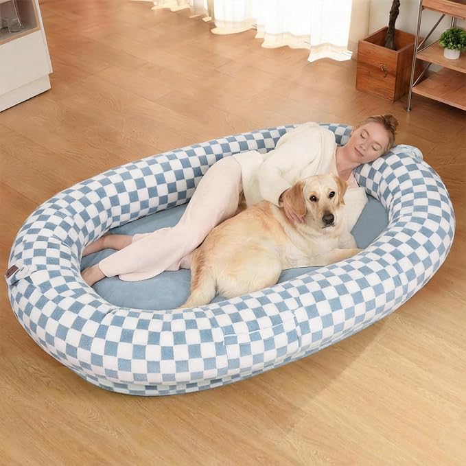 Extra Large Human Dog Bed for Adults, 74"x50"x12", Waterproof Machine Washable with Anti-Slip Bottom, Plush Pet Bed for People, Funny Gift for Dog Lovers & Parties, Blue Grid