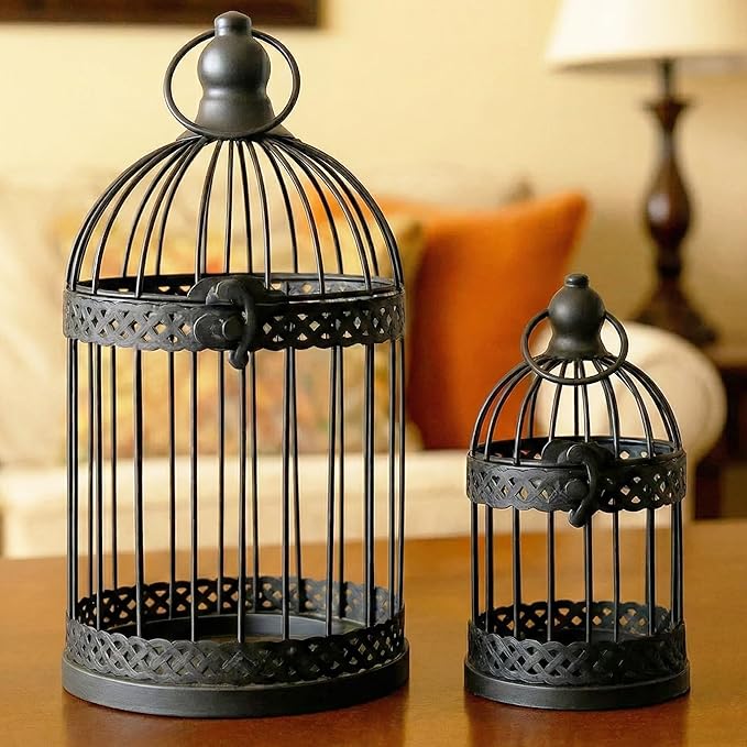 Vela Lanterns Bird Cage Decor Candle Holder Lantern Decorative Table Centerpiece Halloween Decorations, Black, Set of 4