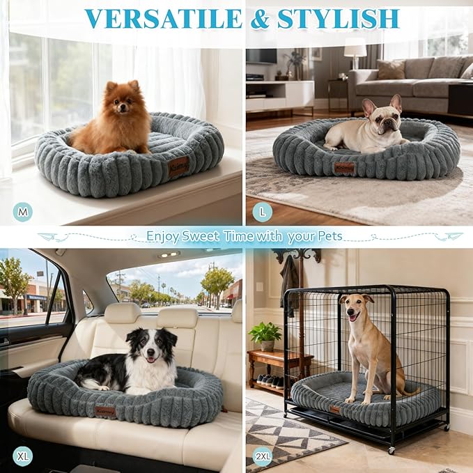Orthopedic Dog Bed for Extra Large Dogs, Comfort-Sided Calming Pet Bed Couch with Breathable Memory Foam, Plush Faux Rabbit Fur & Anti-Slip Bottom, Machine Washable, 43"x31"x5.5", Grey