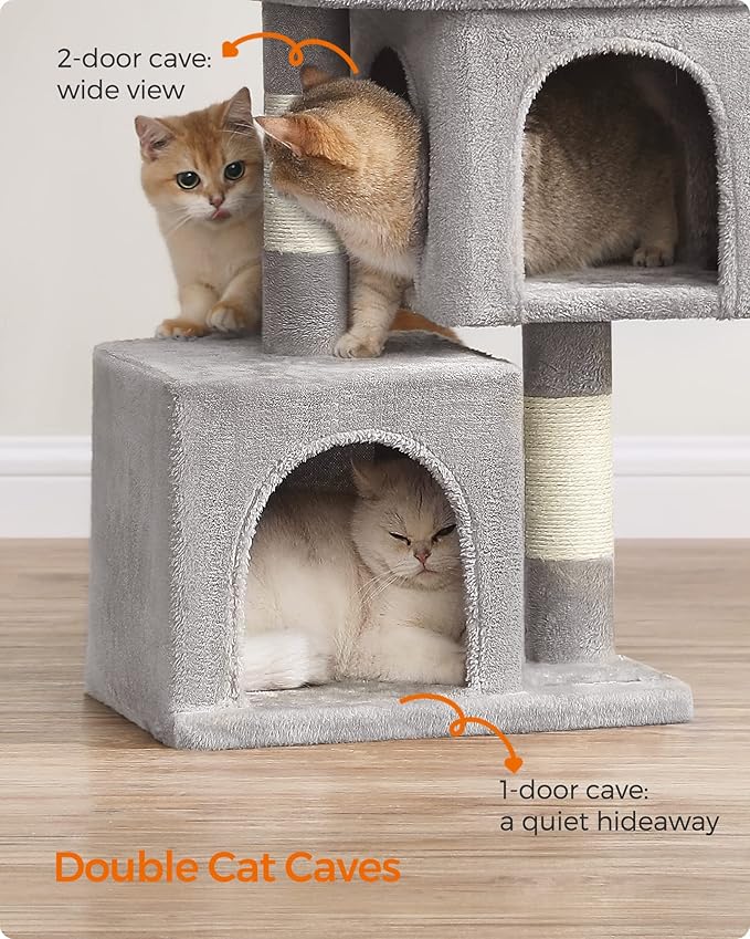Feandrea Cat Tree, 26.4-Inch Cat Tower, Plush Condo for Kittens up to 7 lb, Large Perch, 2 Caves, Scratching Post, Light Gray UPCT611W01