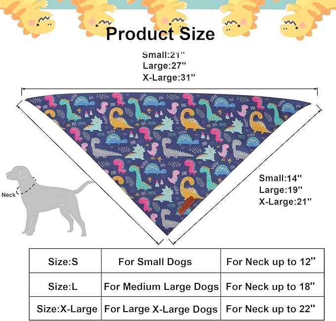 ADOGGYGO Dinosaur Dog Bandanas 2 Pack, Reversible Colorful Animal Pet Scarf, Premium Fabric, Adjustable Fit Yellow Blue Dinosaur Bandanas for Small Dogs (Small)