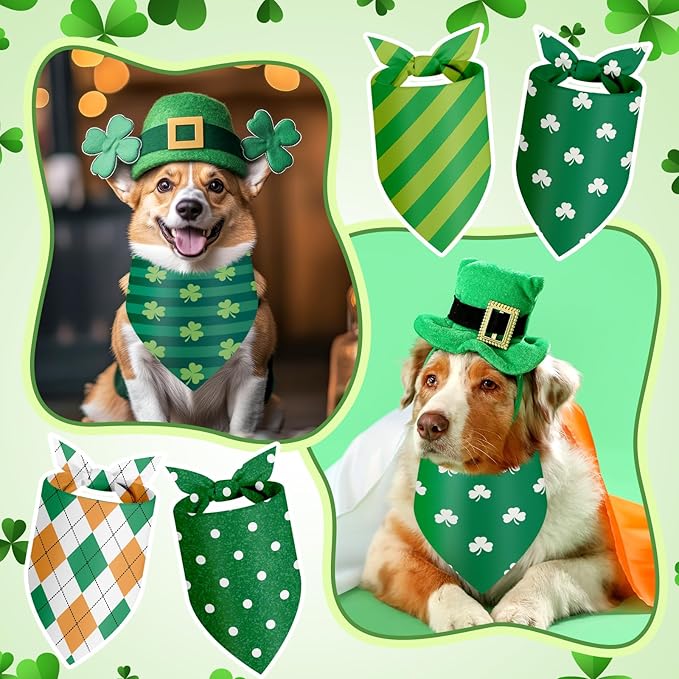 Weewooday 50 Pcs St Patricks Day Bandanas Bulk for Dogs Adjustable Irish Shamrocks Clover Green Plaid Triangle Soft Bibs Puppy Bandana for Small Medium Large Cat Pet Costume(31.5 x 21.7 X21.7 Inch)