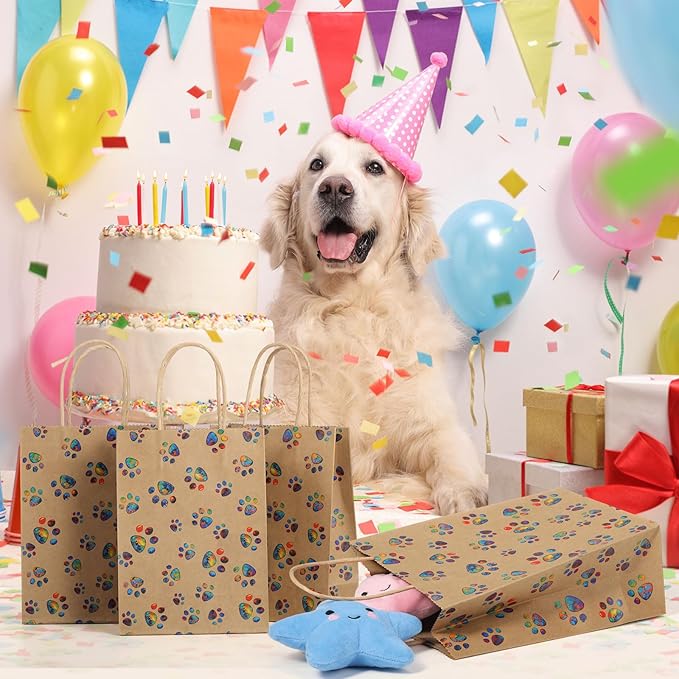 Blulu 20 Pcs Puppy Dog Paw Gift Bags with Paper Twist Handles, Dog Gift Paper Paw Treat Goodie Bags for PET Treat Party Favor, 6.3 x 3.1 x 8.6 Inch(Kraft Backing, Dazzling Paws)