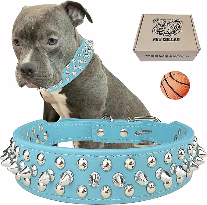 TEEMERRYCA Adjustable PU Leather Spiked Studded Dog Collars with a Squeak Ball Gift for Small Medium Large Pets Like Cats/Pit Bull/Bulldog/Pugs/Husky, Blue, XXL 19.7-22.4 inches