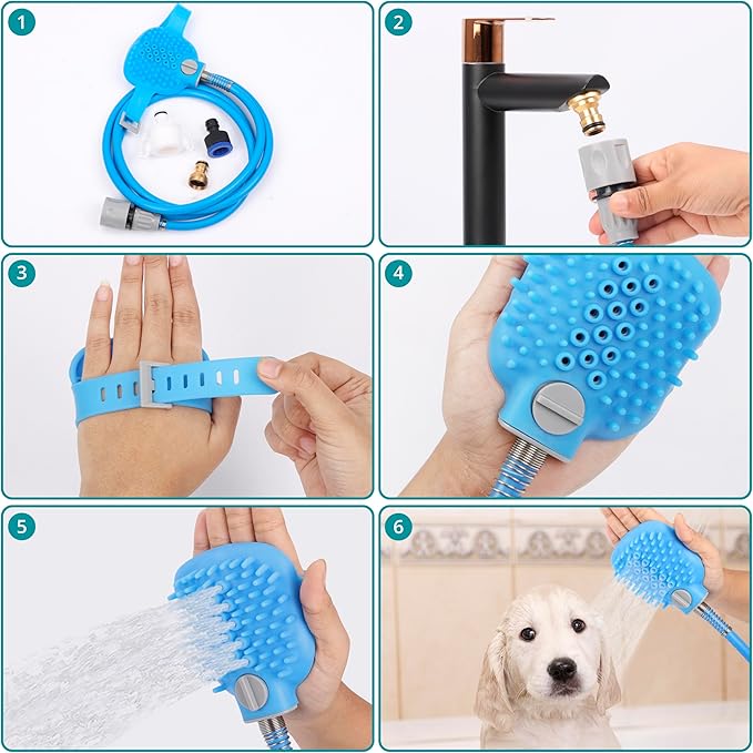 Belle Vous Dog Bath Hose Sprayer and Scrubber Attachment - Indoor/Outdoor Pet Bathing, Grooming and Washing - Pet Shower Brush with Garden Nozzle