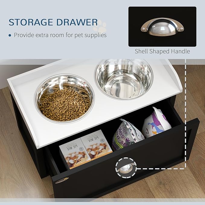 PawHut Dog Feeding Station with Storage Drawer, Elevated Dog Bowls for Large Dogs, White and Black