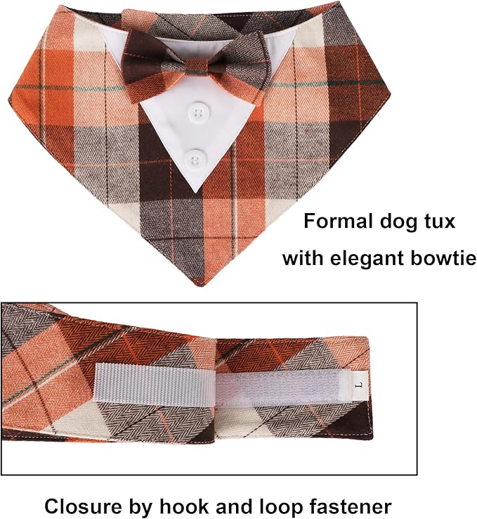 ADOGGYGO Fall Dog Tuxedo Bandana, Orange Plaid Pet Fall Collar with Bowtie, Adjustable Halloween Thanksgiving Costume for Extra Small Dogs (XS)