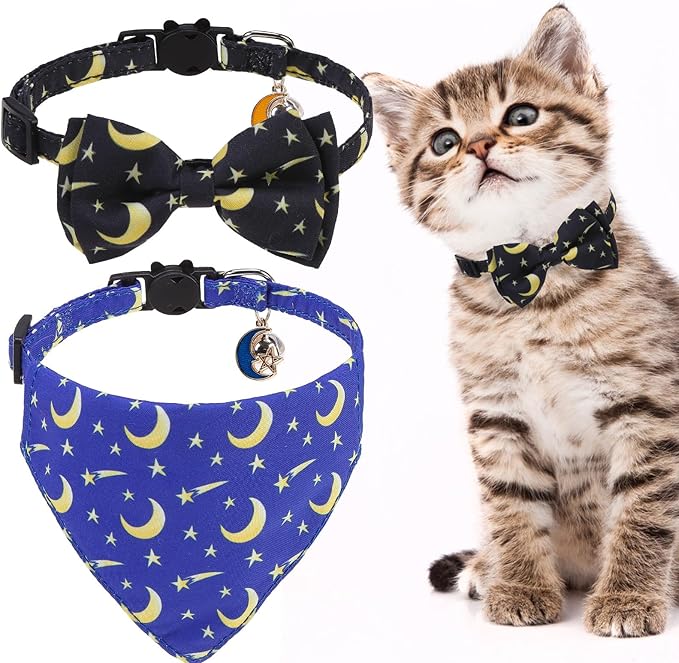 EXPAWLORER Cute Cat Collar Breakaway with Bells - 2 Pack Adjustable Pet Collar with Removable Bow Tie and Bandana, Safety Buckle for Girl Boy Cats Kitten, Star-Moon