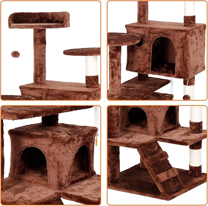 54-Inch Cat Tree for Large Cats, Sturdy Multi-Level Cat Tower with 2 Condos, Hanging Ball and Sisal Scratching Posts, Durable Cat Furniture for Indoor Cats (Brown)