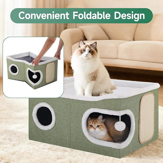 Cat Beds for Indoor Cats, Extra Wide Cat Cube House for Multi Cats, Foldable Cat Cave Hideaway with Arc-Edge Design & Oval Door, Double-Side Soft Cushion for All Seasons, 24"L x 17.7"D x 12.6"H, Green