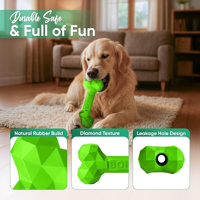 Natural Rubber Dog Chew Bone – Treat-Dispensing, Tough & Indestructible Chew Toy – Safe for Aggressive Chewers – Dental Health & Boredom Relief (Green)