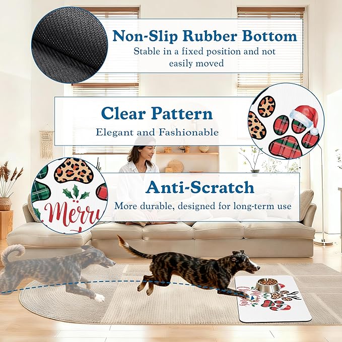 Dog Christmas Dog Food Mat–Christmas Stocking Absorbent Quick Dry Feeding Placemat for Food and Water Bowls, Non Slip Rubber Backing, Waterproof Pet Supplies for Mess-Free Eating 16"x24"