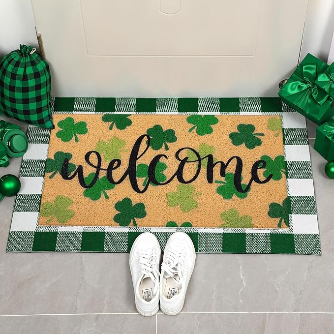 Tinideya 2 Pcs St. Patrick Day Door Mat Welcome Non Slip Coir Mats Clover Pattern Green White Plaid Floor Layering Doormats Seasonal for Front Porch Entryway Decor(st Patrick's Day)