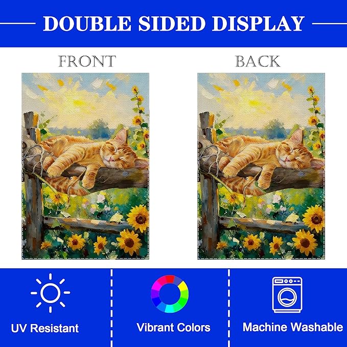Spring Summer Garden Flag 12x18 inches Double Sided Sleeping Orange Tabby Cat Banner for Porch Yard Patio Spring Summer Home Decorations