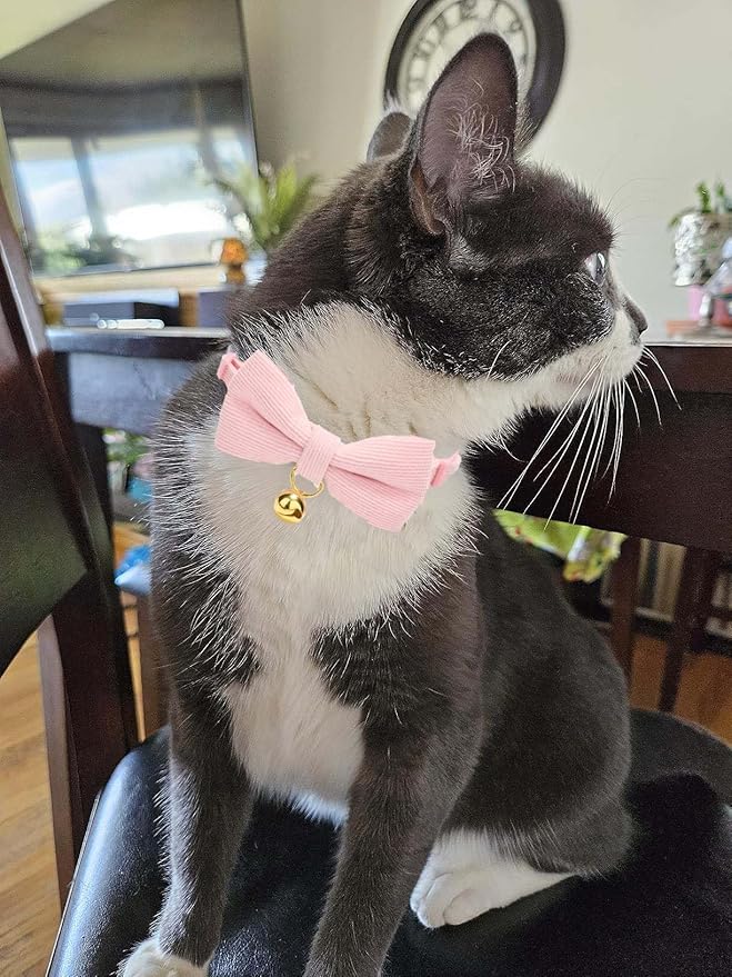 2 Pack Soft Corduroy Cat Collars with Bow Tie & Bell, Adjustable Breakaway Cotton Kitty Bowtie Collar for Girl Boy Kitten (Pink & Blue)