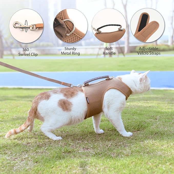 Kitty Harness and Leash for Walking Escape Proof Breathable Mesh Fabric, Solid Brown, X-Small, Adjustable Cat Walking Jackets with Handle, Padded Stylish Cat Vest