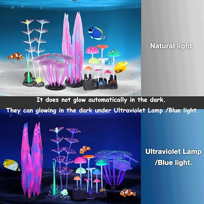 Lpraer 4 Pack Glow Aquarium Decorations Branch Coral Reef Mushroom Seaweed Simulation Glow Plant Glowing Effect Silicone for Fish Tank Decorations