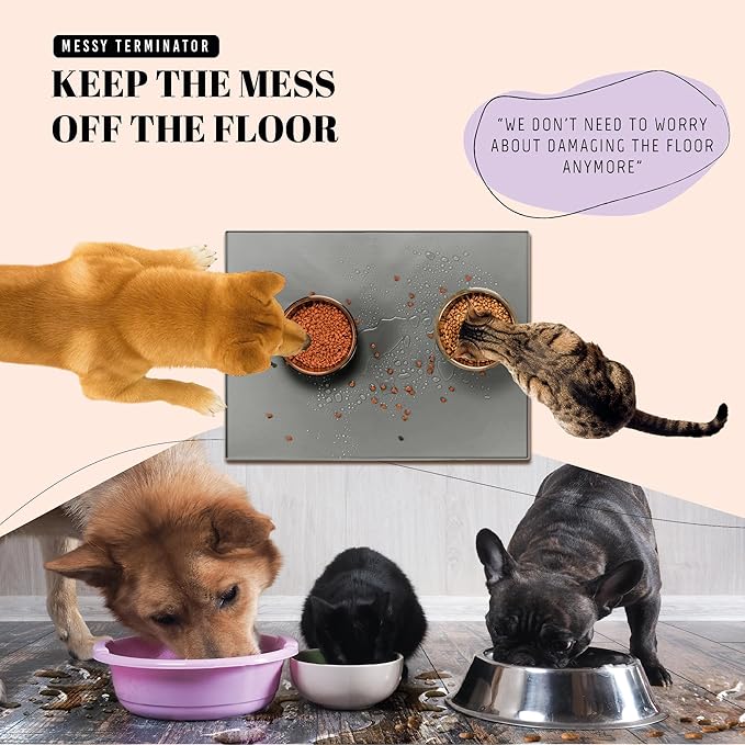 AVERYDAY 100% Waterproof Thicker Silicone Dog Food Mat, 0.63'' Raised Edge Bowl Mat for Food & Water, Non Slip Pet Feeding Placemat for Messy Drinkers, Perfect for Large Medium Small Breeds, 32"x24"