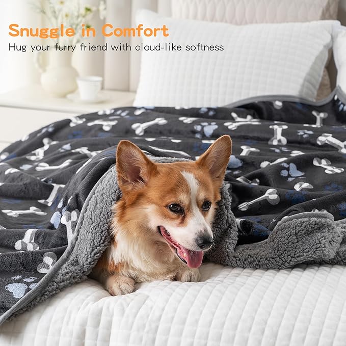 Waterproof Dog Blankets Pet Blanket, Soft Fluffy Sofa Car Bed Protector, Reversible Sherpa Fleece Dog Blanket for Large Dogs (Navy Paws, 60"x80")