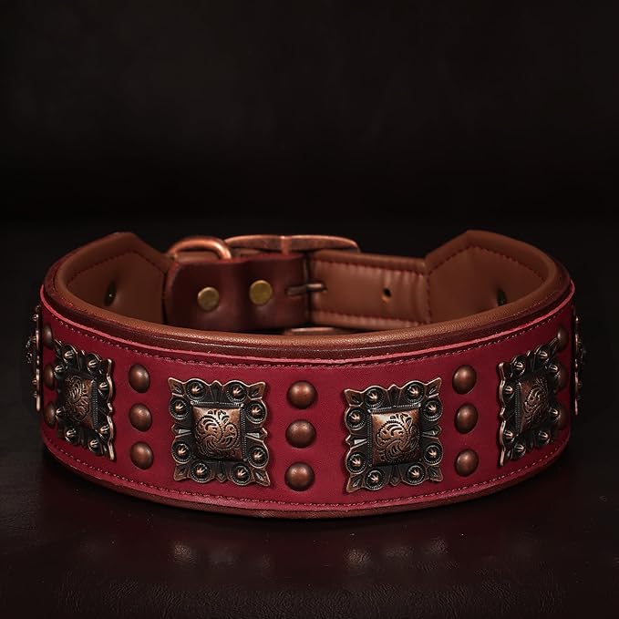 PET ARTIST Genuine Leather Dog Collar for Large Dogs, 2 inch Wide Luxury Dog Collar with Rivet Studded & Metal Buckle, Comfortable & Stylish Pet Collars for Great Dane Rottweiler,Red,Neck 22-25"
