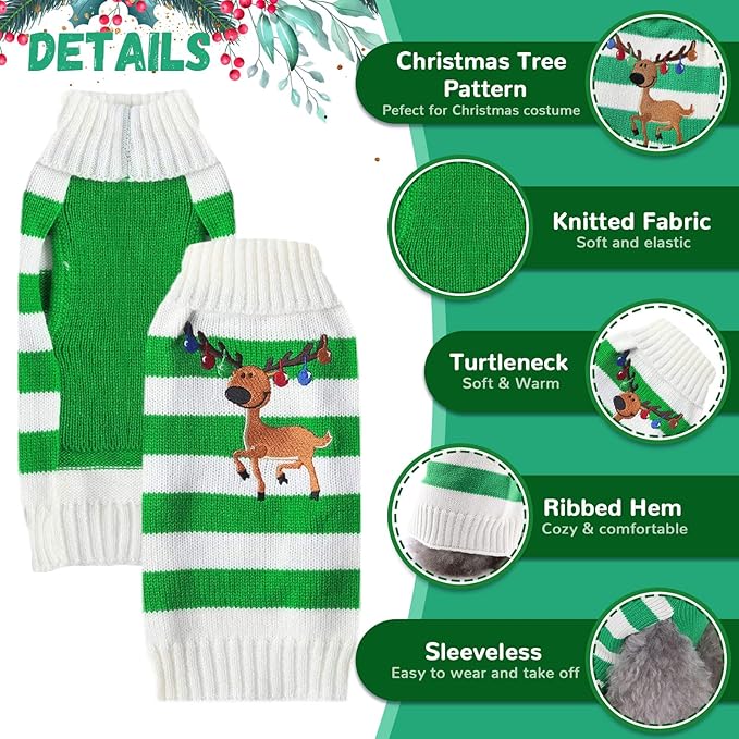 Christmas Dog Sweaters Xmas Pet Outfits Striped Elk Costume Holiday Clothes Gifts Puppy Cat Knitted Jumpers (XS,Green White Stripe Elk)