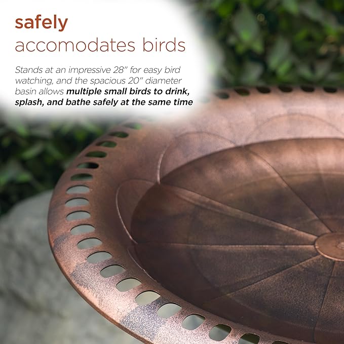 Alpine Corporation | 28" Bronze Outdoor Pedestal Birdbath with Scrollwork Base and Ground Stakes — Elegant Garden Décor, Durable Weather-Resistant Design for Lawn, Patio, or Yard