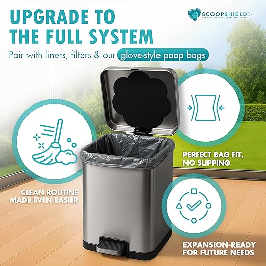 6L Outdoor and Indoor Pet Waste Container, (with one Charcoal Filter), Stainless Steel Can. Lid Opens with Push Step. 12 in x 10 in x 8 in Dimension.