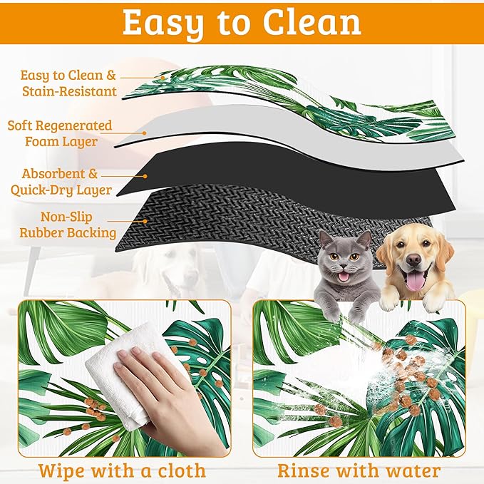Dog Bowl Mat,Leaves Pet Feeding Mat for Floors Waterproof,Tropical Palm Absorbent Dogs Placemat for Food and Water Quick Dry Pet Cat Feeding Mats with Non Slip Bottom 12" x 20"