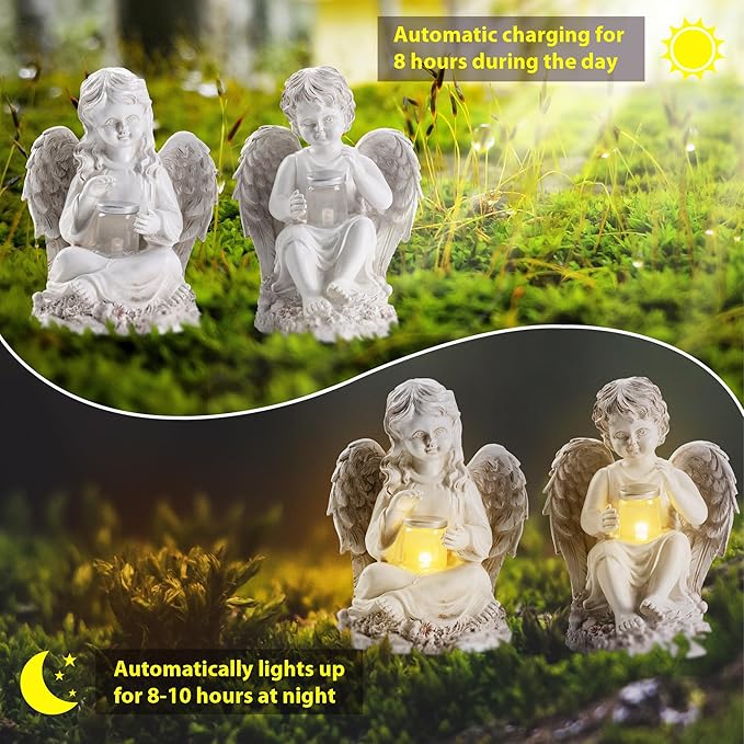 2 Pack Outdoor Angel Statue Garden Decor, Classic Solar Angel Figurine Decoration for Yard Art Indoor Porch Home Lawn Outside Light up Cherub Sculpture Guardian Wings Angel Memorial Gifts Christmas