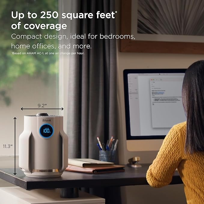Shark Air Purifier for Home, NeverChange Compact Pro, for Bedroom, Nursery, Home Office, Dorm, HEPA-Exceeding Filter, Captures Pollutants, Pet Dander, Dust, Odor, Smoke, and More, HP072PK, Quartz