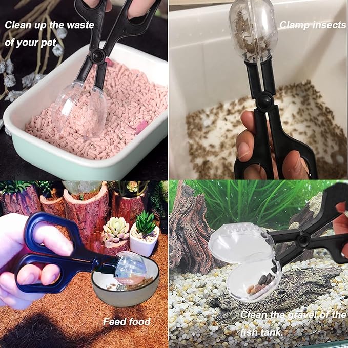 Tiny Cleanning Broom, Scooper Feeding Tool,Mini Dustpan and Brush, Stainless Steel Tweezer Reptile Tank Cleaner for Reptile and Other Small Animals Supplies 3Pcs