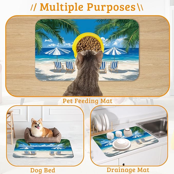 Pet Feeding Mat,Sea Beach Absorbent Dog Cat Food Mat Palm Tree Dog Mat with Rubber Backing,Non-Slip Water Bowl Placemat,Pet Supplies 16" x 24"