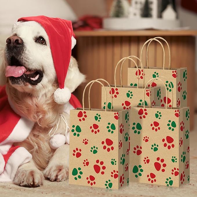 Blulu 20 Pcs Puppy Dog Paw Gift Bags with Paper Twist Handles, Dog Gift Paper Paw Treat Goodie Bags for PET Treat Party Favor, 6.3 x 3.1 x 8.6 Inch (Kraft Backing, Red Green Paws)