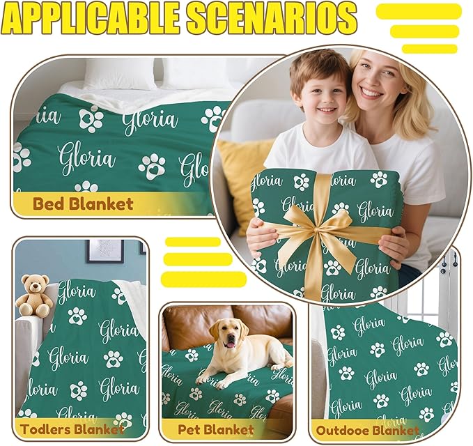 Personalized Paw Print Dog Blanket with Pet Name Face-Custom Puppy Blankets with Picture for Dogs-Customized Dog Memorial Throw Fleece Blanket-Loss of Pets Supplies Sympathy Gift for Bed Sofa Travel